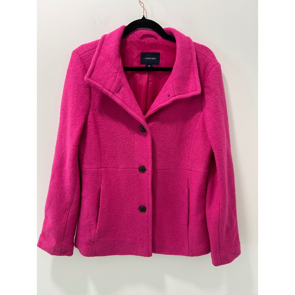 Lands' End Womens Hot Pink Wool Blend 3-Button Car Coat Jacket Size 10